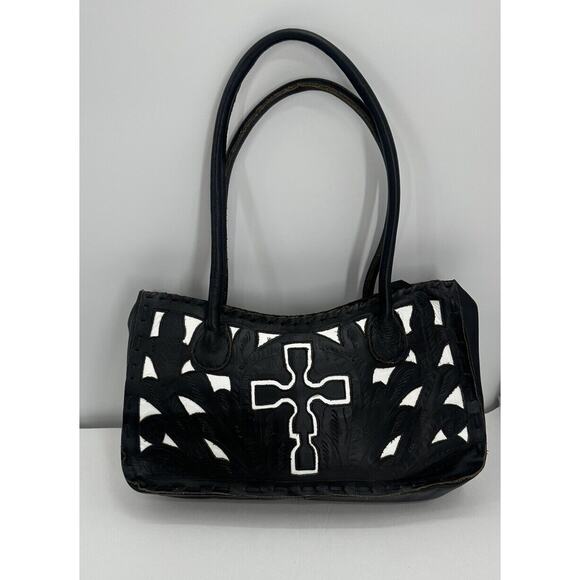 JL Saldivar Black White Handtooled Leather Purse Handbag cross Western - Picture 1 of 8